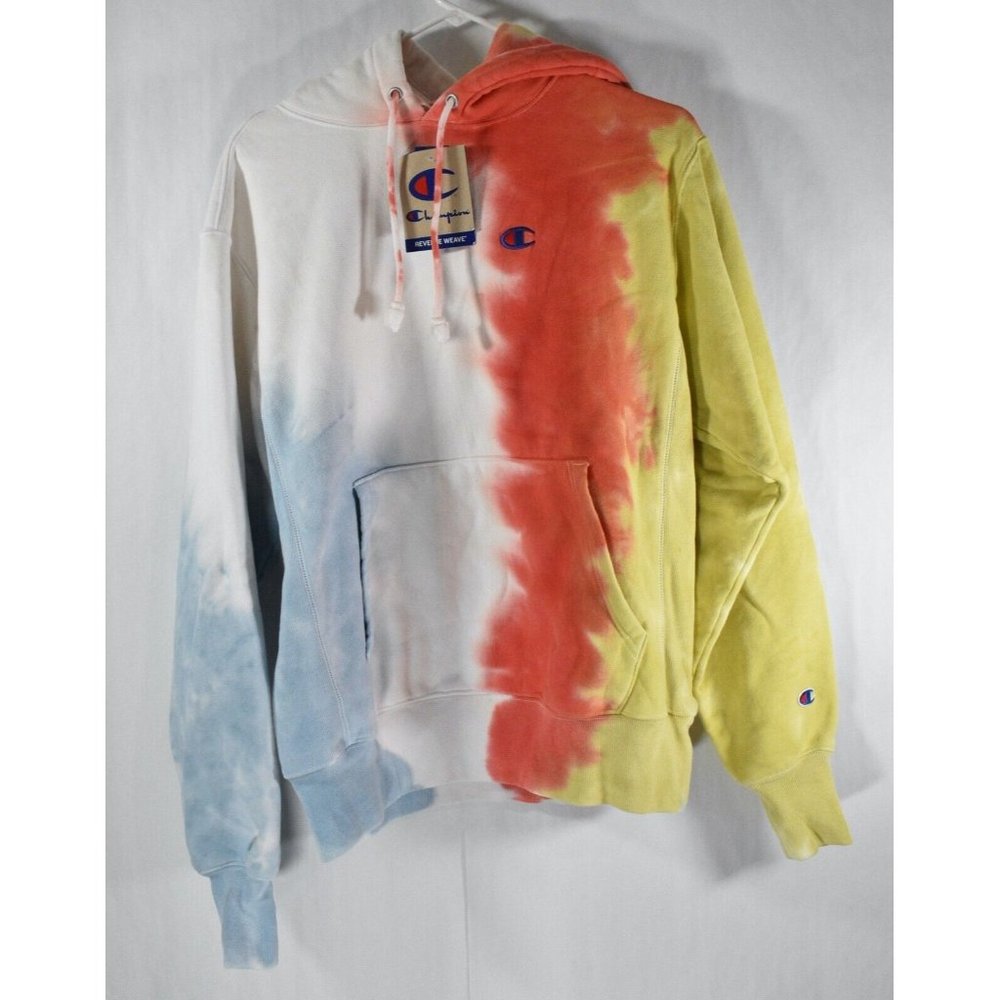 NWT Champion Reverse Weave Tie Dye Hoodie Sweatshirt Blue Yellow Red Medium M